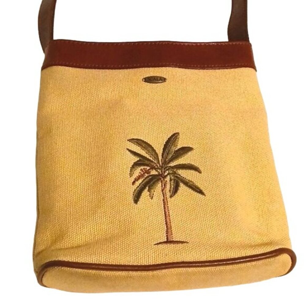 Scala Tan Canvas Palm Tree Bag Brown Leather Trim… - image 3
